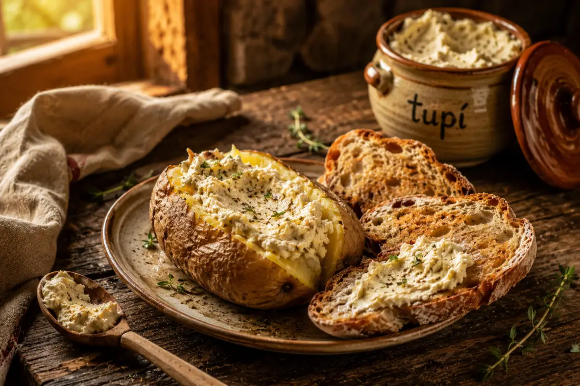 Crema de tupí amb patates al caliu i pa torrat