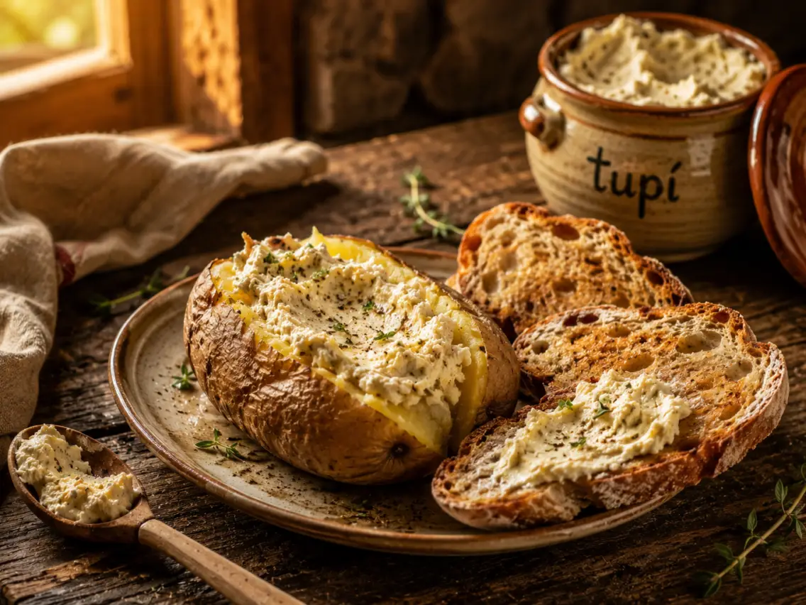 Crema de tupí amb patates al caliu i pa torrat