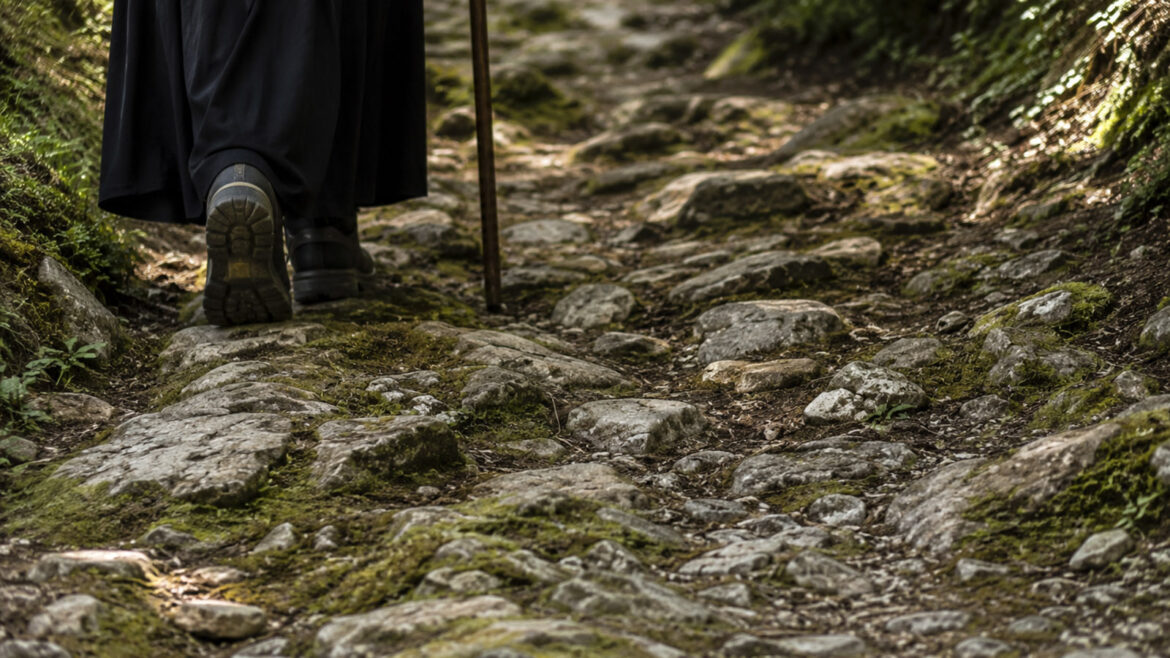 dona caminant per un antic camí de ferradura dels pirineus
