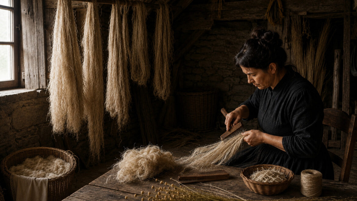 una dona està pentinant fibres de lli