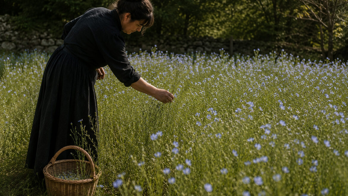 una dona està collint plantes de lli en un prat dels Pirineus