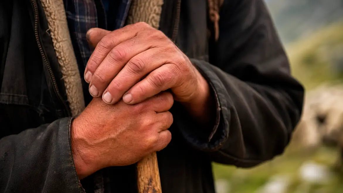 Mans de un pastor reposant sobre el seu bastó