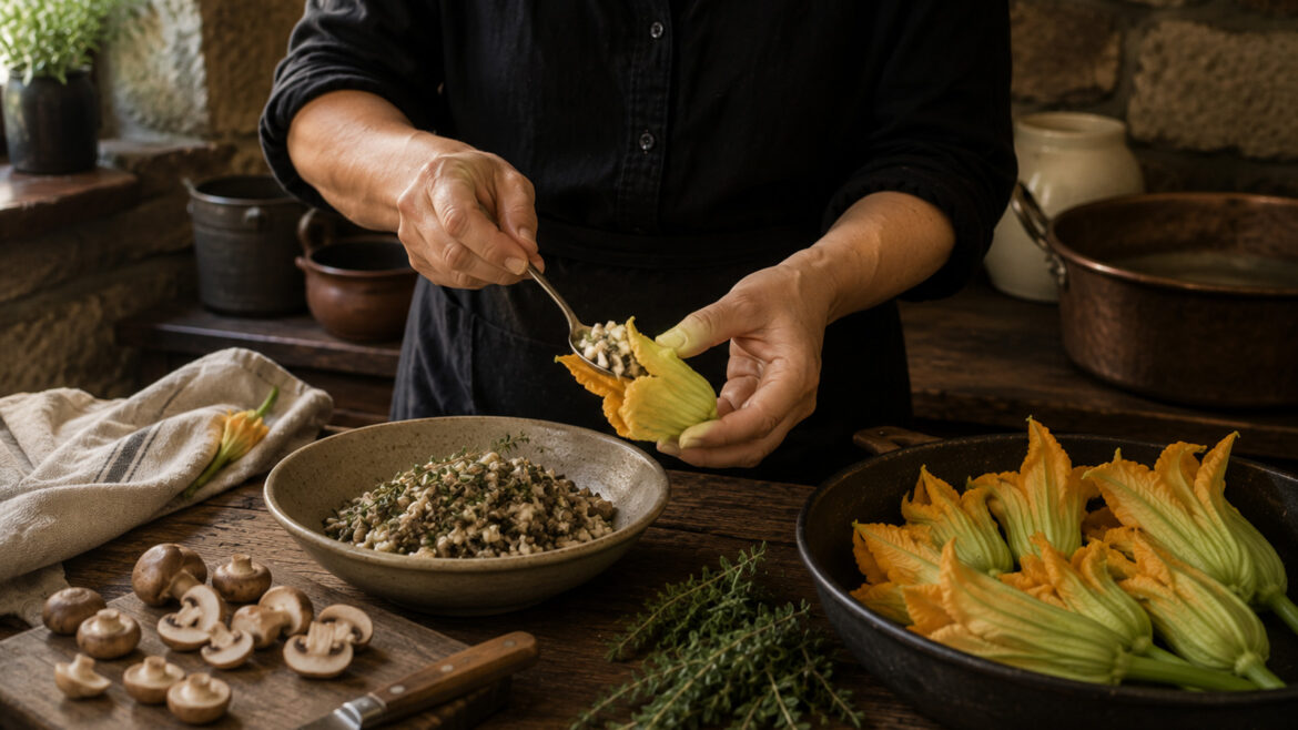 Flors de carbassó farcides de mató i herbes aromàtiques