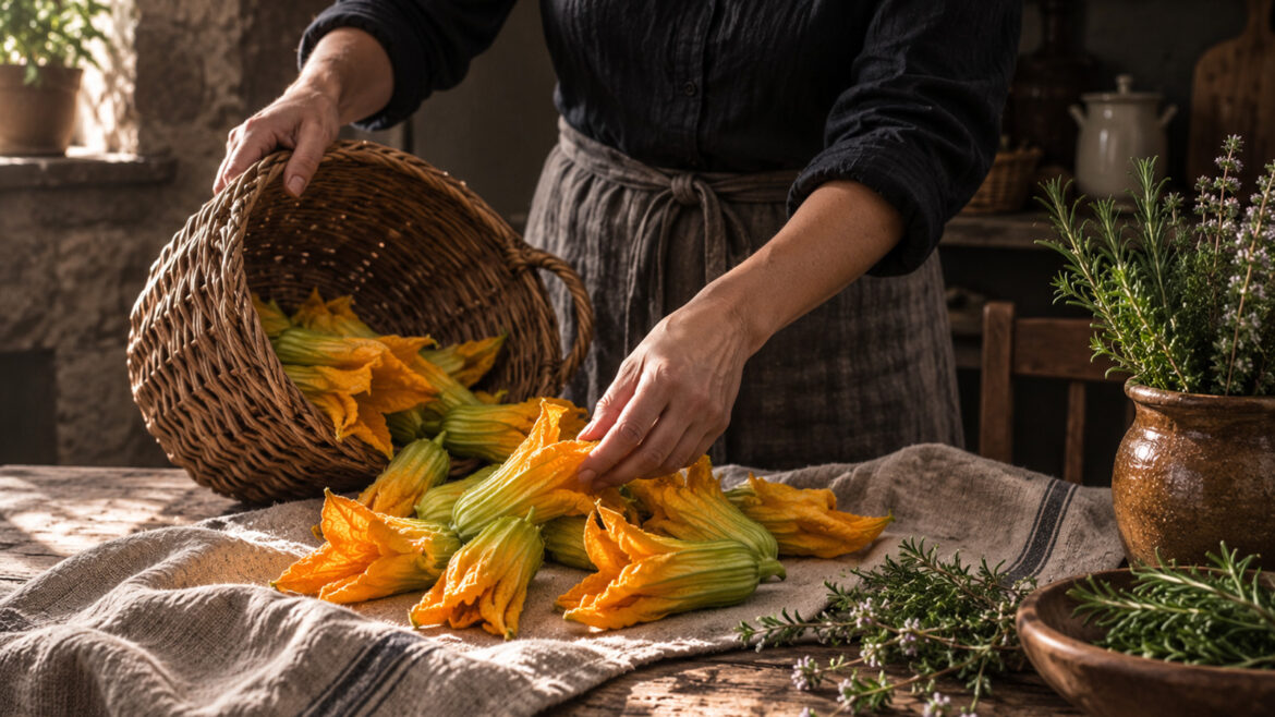 una dona està preparant unes flors de carbassó abans de cuinar-les