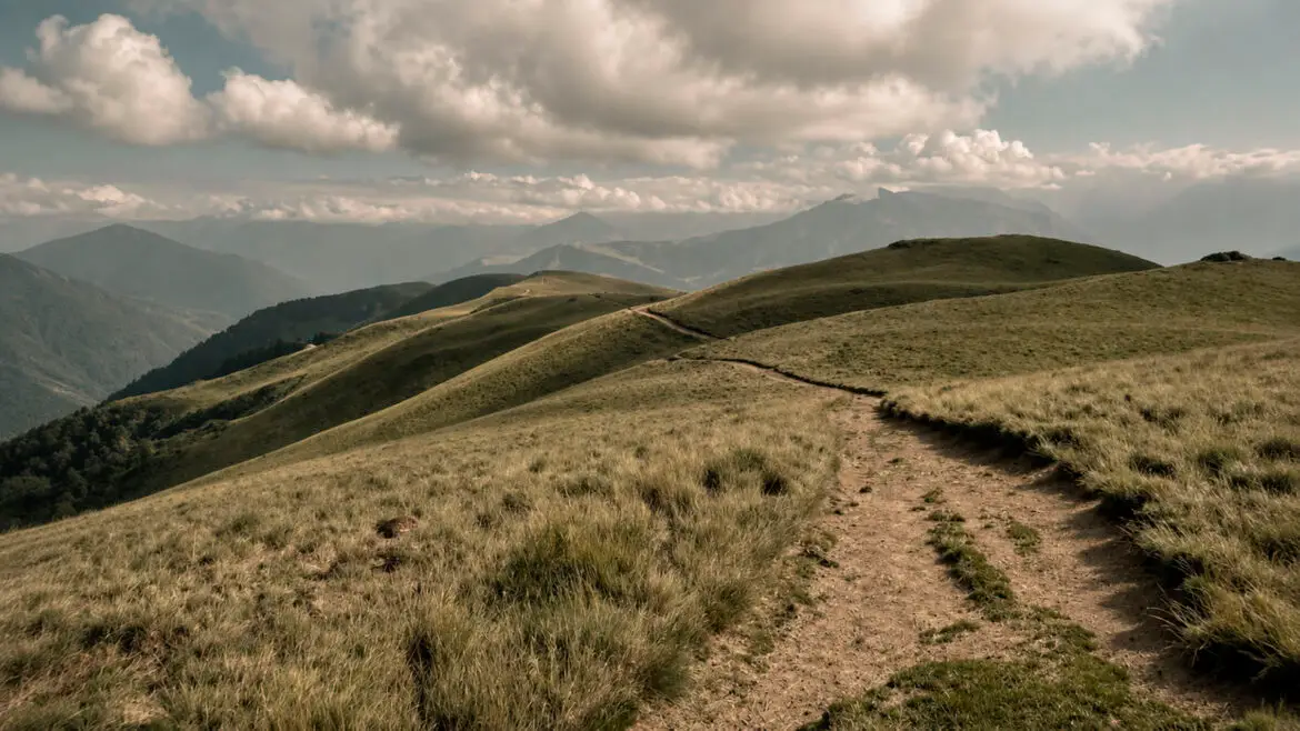 Camí de muntanya que travessa els prats d’un coll pirinenc, amb carenes i muntanyes al fons sota un cel ennuvolat.