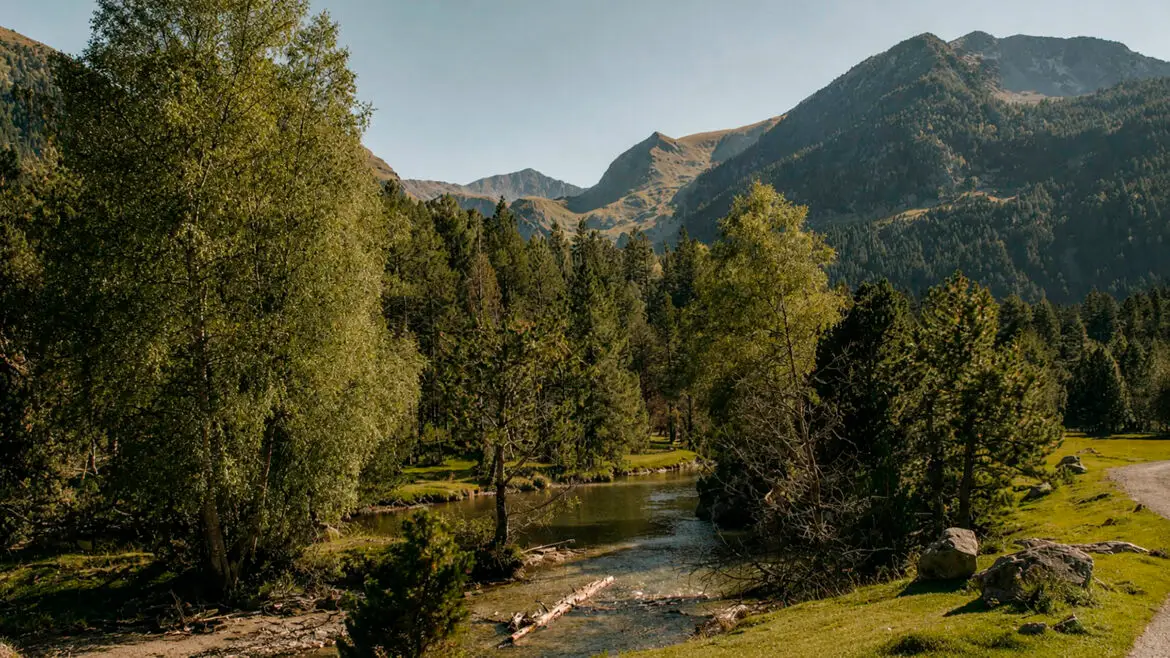 El riu Garona al seu pas per la Vall d’Aran, envoltat de boscos i muntanyes pirinenques.