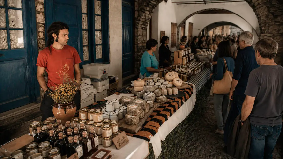 Parada de productes locals al mercat de Bellver de Cerdanya, amb formatges, mel, conserves i altres elaboracions artesanes exposades sota els porxos.