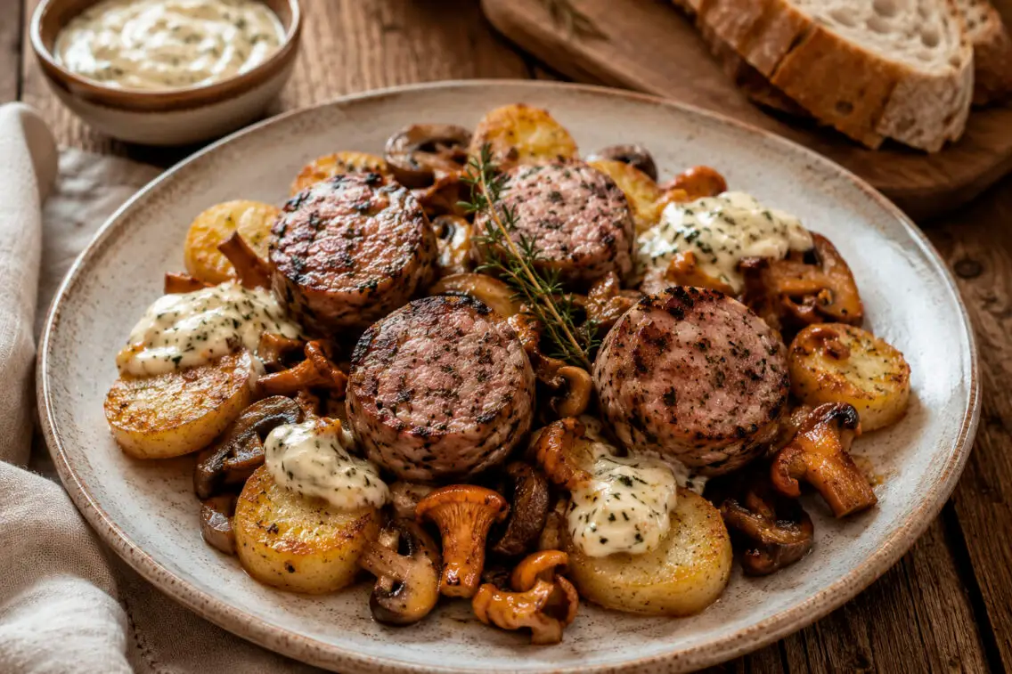 Girella a la planxa amb bolets, patates confitades i allioli de romaní