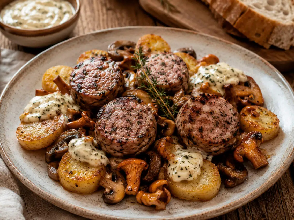 Girella a la planxa amb bolets, patates confitades i allioli de romaní