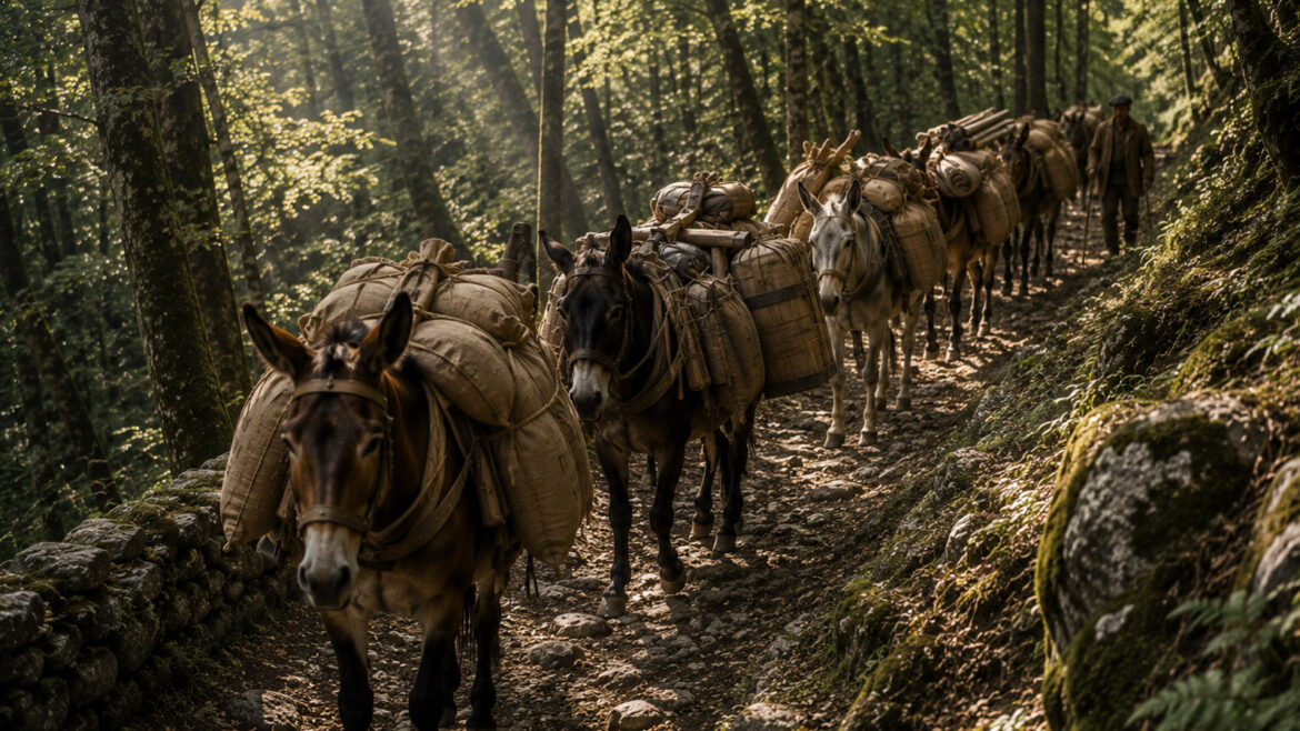 muls carregats de sal viatgen per un camí dels pirineus