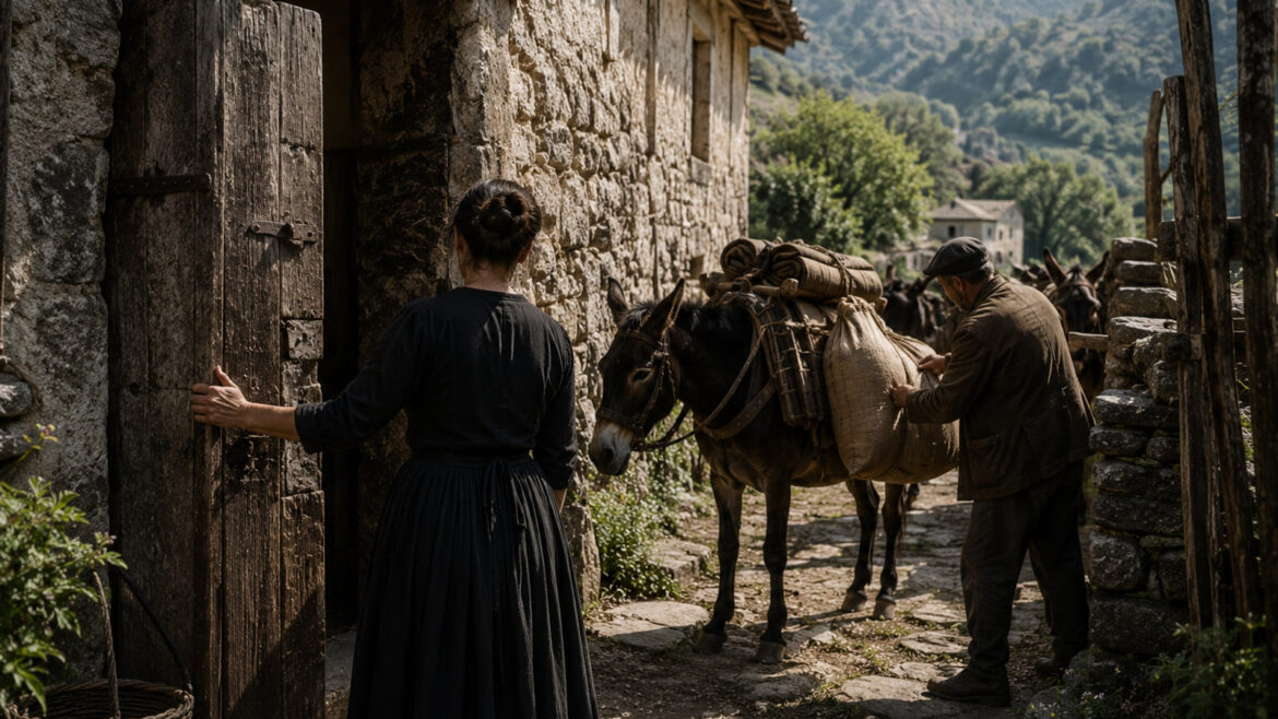 Un traginer transportant la sal de gerri arriba a una casa dels pirineus