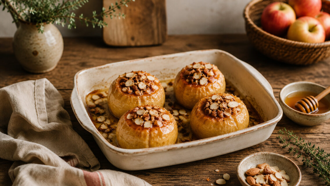Pomes al forn amb mel, canyella i ametlles