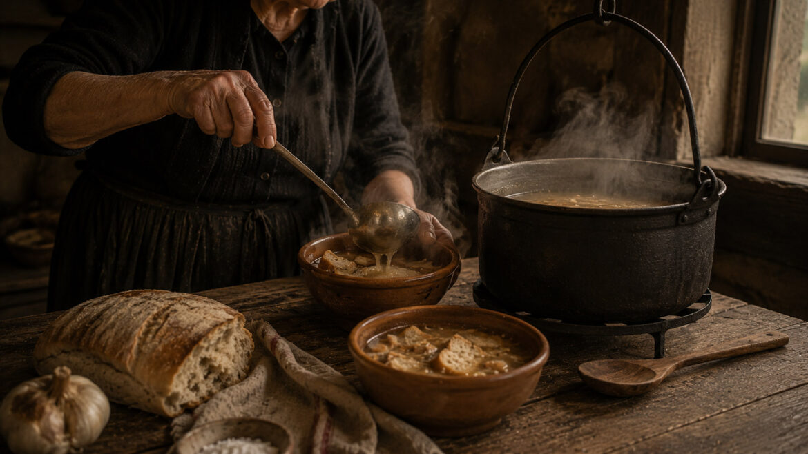 una dona serveix sopa de pa als pirineus