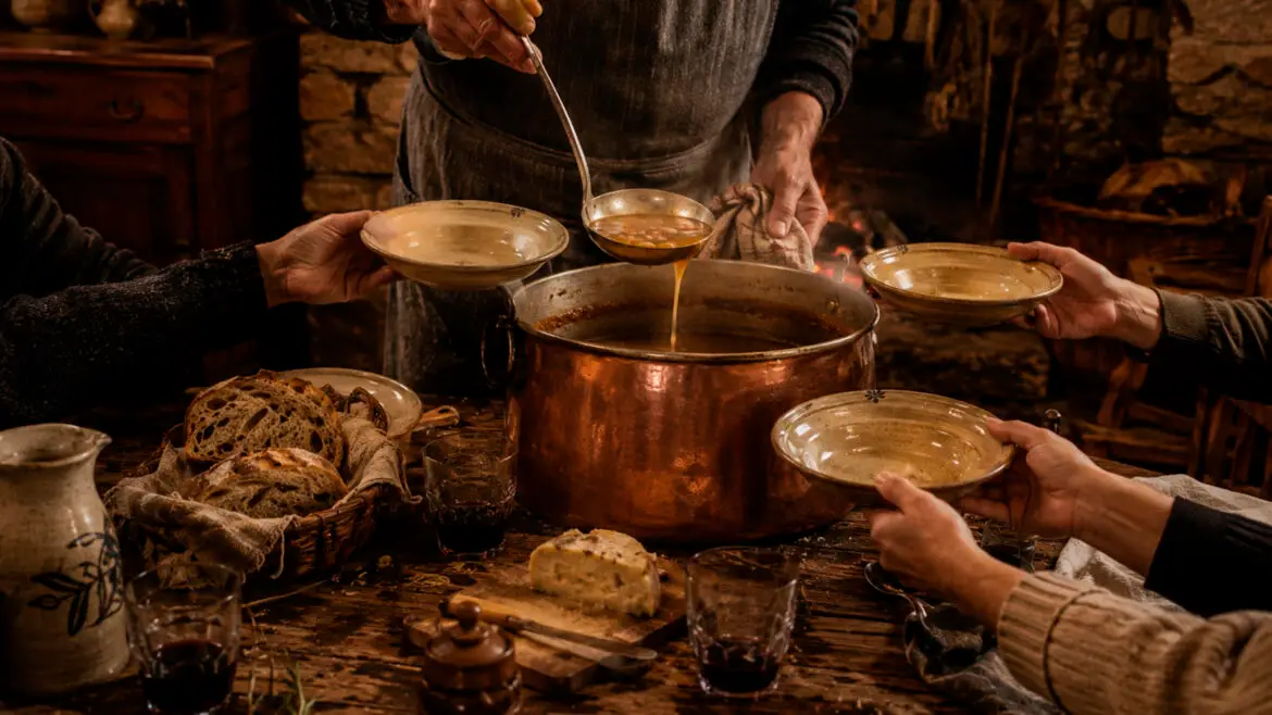 Àpat compartit al voltant d’una taula, amb diversos comensals acostant els plats a una olla de sopa situada al centre.