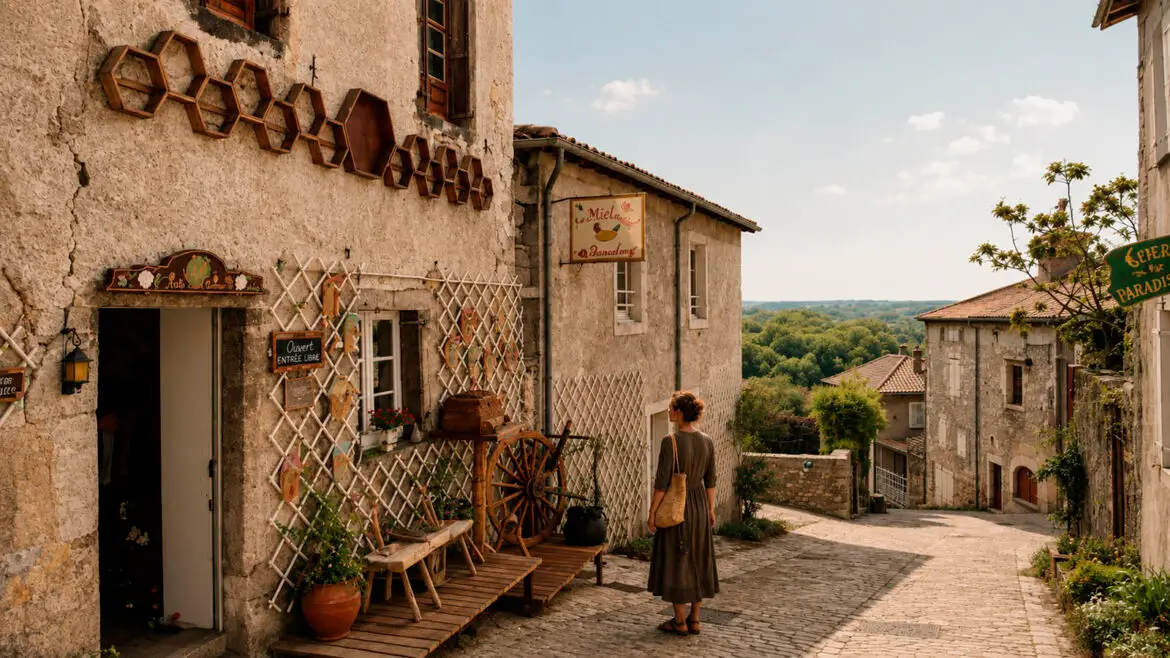 Visitant davant d’un taller artesà en un carrer de Saint-Bertrand-de-Comminges, a l’Alta Garona, al peu dels Pirineus francesos, entre cases antigues de pedra.
