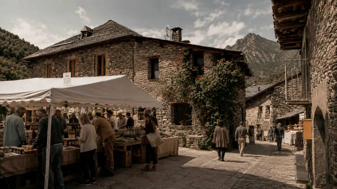 Fira de productes del Parc Natural de l’Alt Pirineu a Esterri de Cardós, amb parades instal·lades entre les cases de pedra del poble i visitants recorrent el mercat.