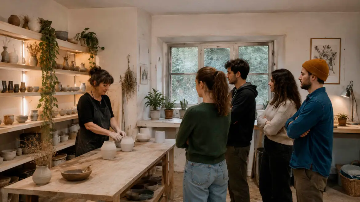 Artesana mostrant el seu treball de ceràmica a quatre visitants reunits al voltant del banc de treball, en un taller envoltat de peces, eines i materials.