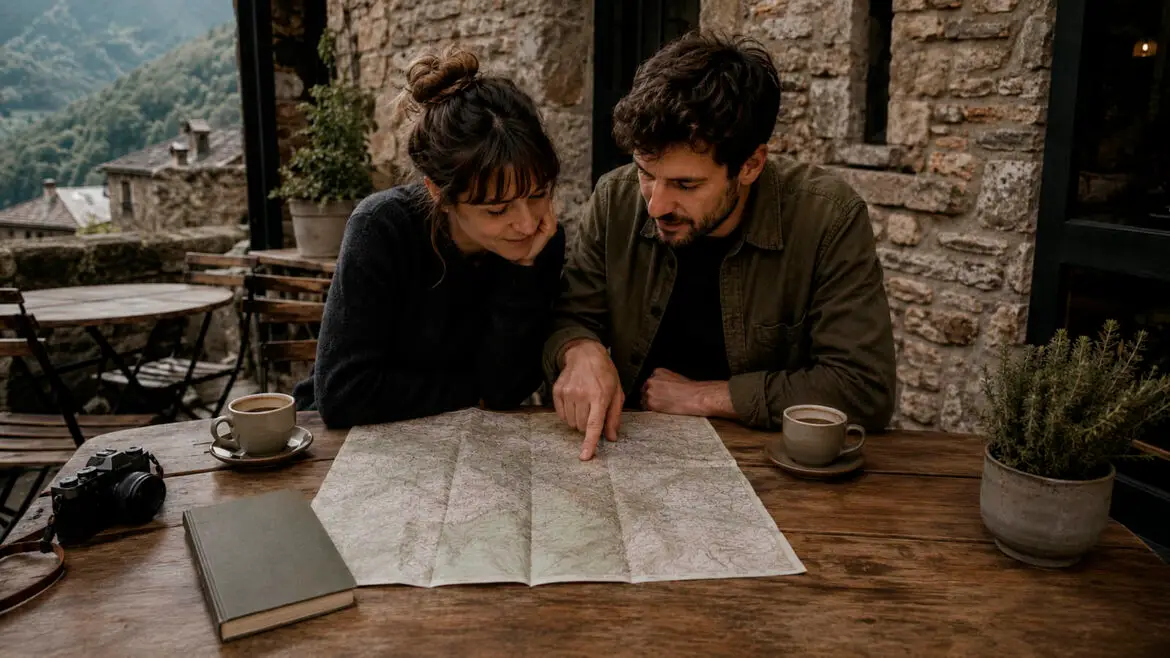 Parella asseguda a la terrassa d’un cafè de muntanya mentre prepara un viatge pels Pirineus catalans amb un mapa desplegat, una llibreta de ruta i una guia de viatge.