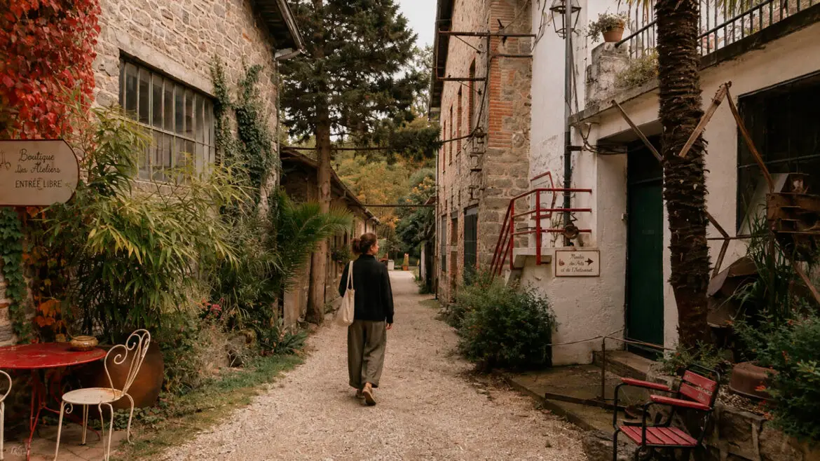 Dona caminant entre els tallers del Moulin des Arts et de l’Artisanat d’Arles-sur-Tech, al Vallespir, als Pirineus Orientals, envoltada d’antics edificis de pedra i vegetació.