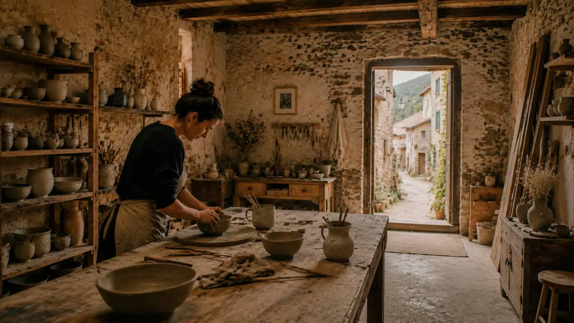 Artesana ceramista treballant una peça de fang en un taller instal·lat en una antiga casa de pedra dels Pirineus, amb prestatgeries de ceràmica i una petita porta oberta cap al carrer del poble.