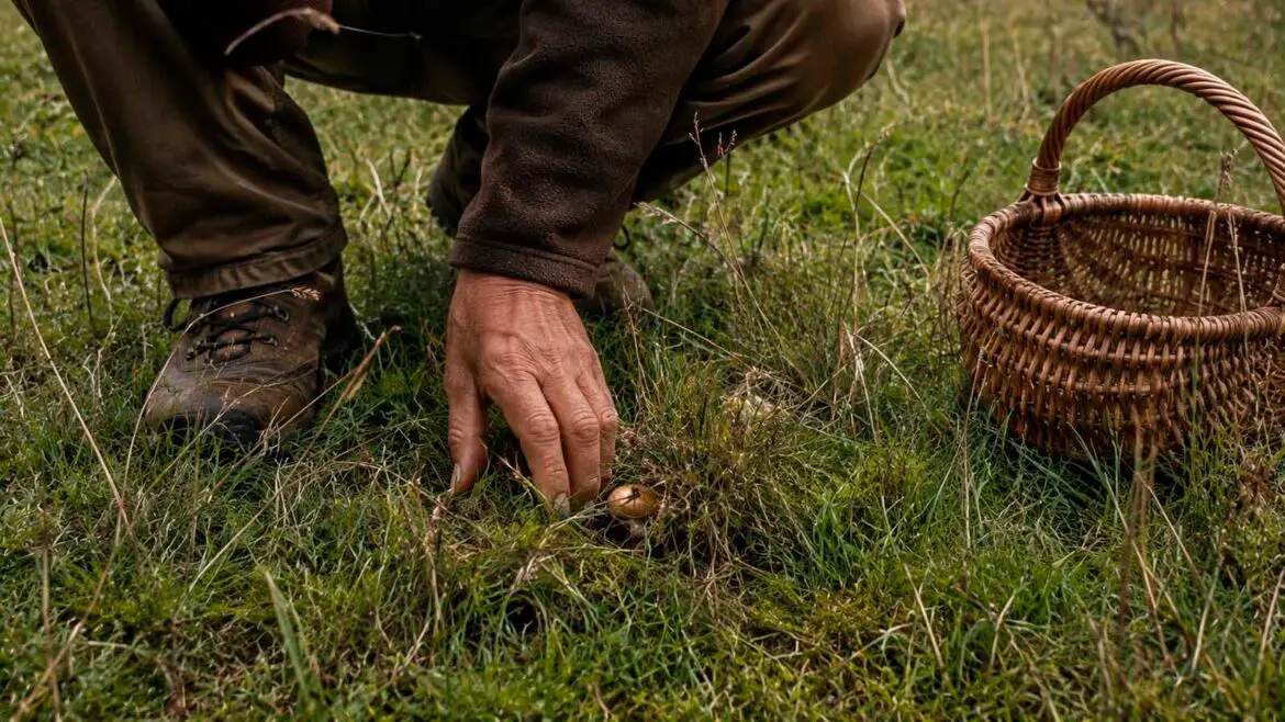 Primer pla d’una persona ajupida apartant l’herba amb la mà per buscar carreretes, amb un cistell de vímet al costat.
