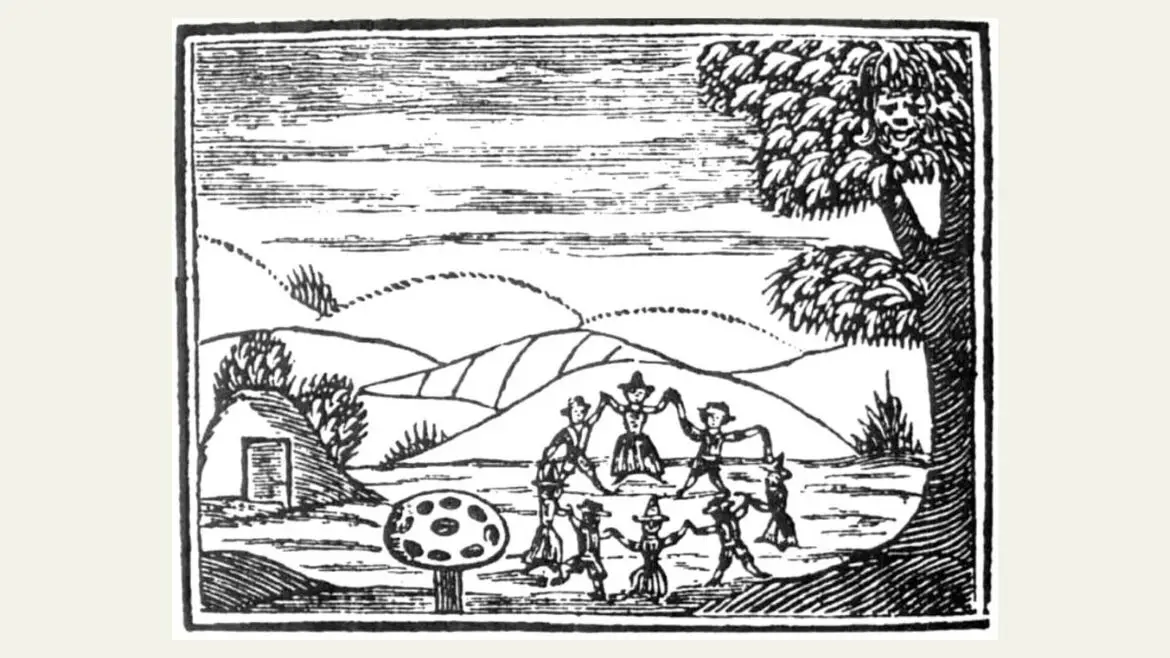 Gravat anglès antic que representa un grup de fades ballant en rotllana enmig d’un paisatge, al costat d’un gran bolet.