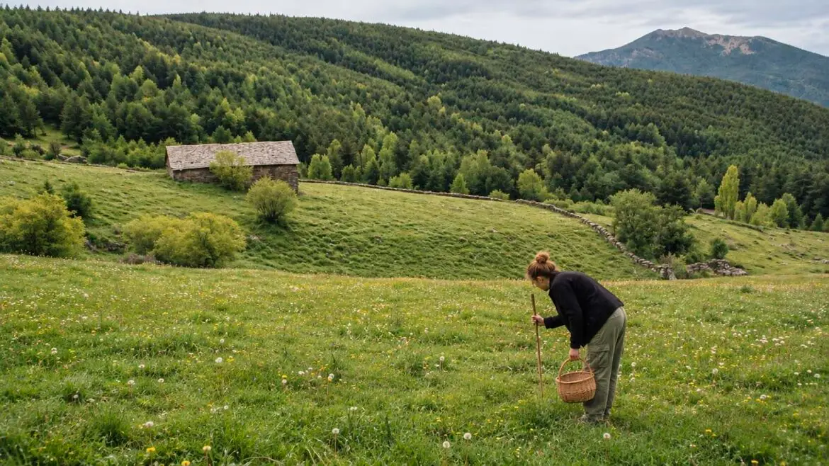Dona amb un cistell i un bastó observant atentament l’herba mentre busca carreretes en un prat de muntanya envoltat de bosc.