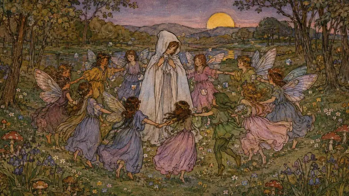 Il·lustració d’estil antic amb un grup de fades alades ballant en rotllana en un prat envoltat de bosc, flors i bolets.