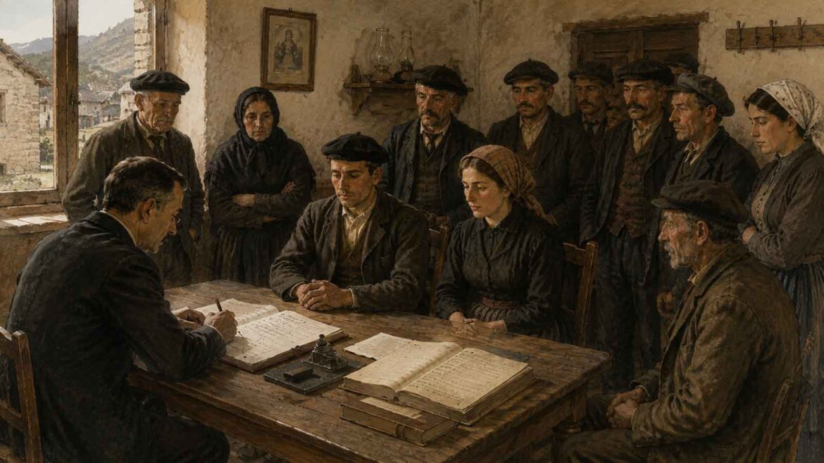 Recreació d’un matrimoni civil en un poble pirinenc a començaments del segle XX, amb una parella de pagesos asseguda davant un funcionari que inscriu la unió en el registre, envoltada de familiars i testimonis.
