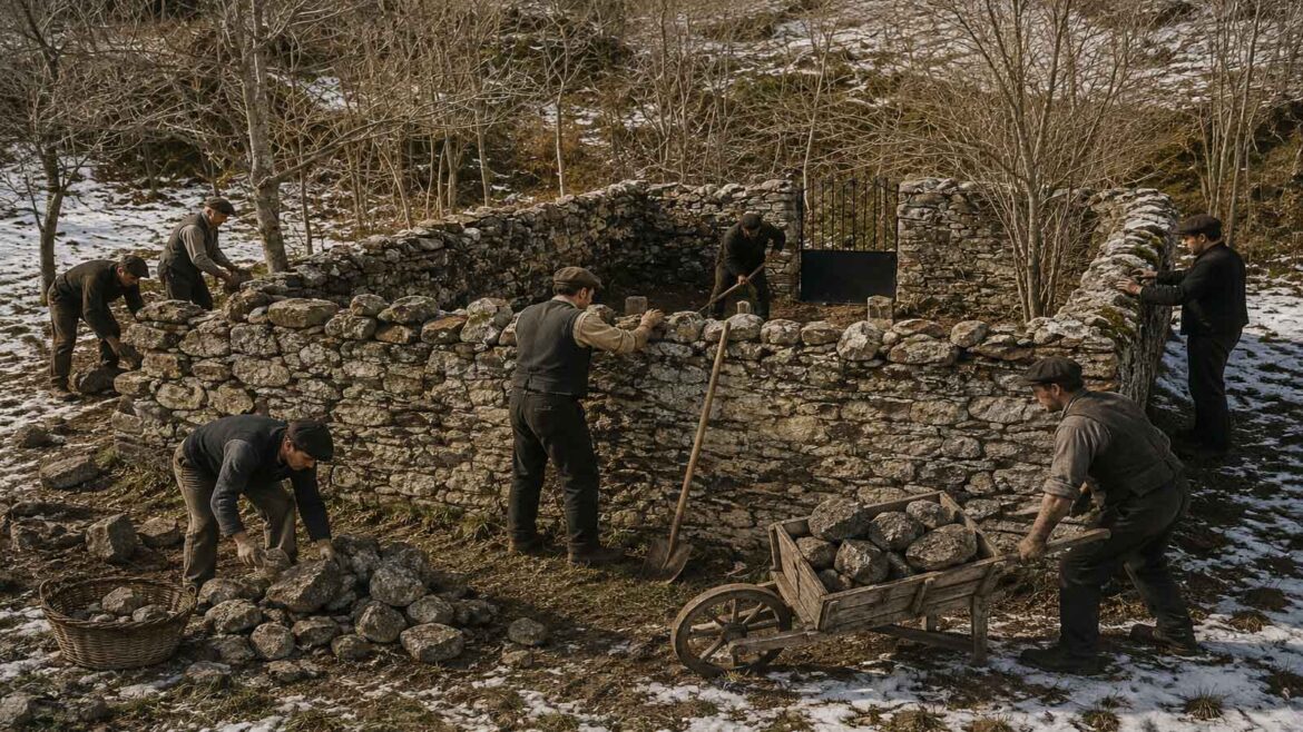Recreació documental dels habitants de Bausen construint un petit recinte funerari de pedra l’any 1916, en un terreny de muntanya, per poder enterrar Teresa després que no fos admesa al cementiri parroquial.