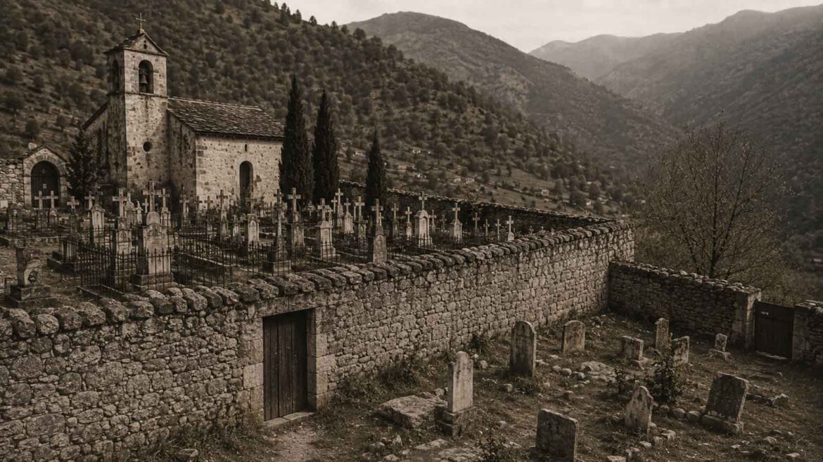 Recreació documental d’un cementiri pirinenc de començaments del segle XX dividit per un mur de pedra, amb el cementiri catòlic al voltant de l’església i un petit espai funerari civil separat, amb làpides senzilles i accés propi.