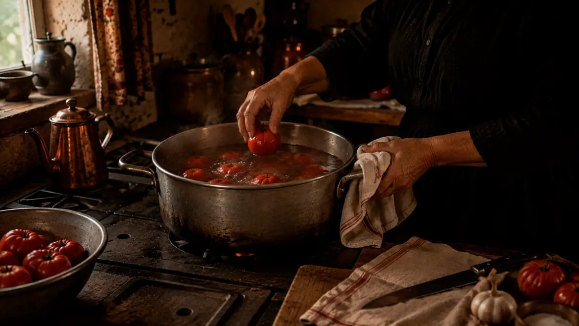 Una dona desa tomàquets sencers dins un pot