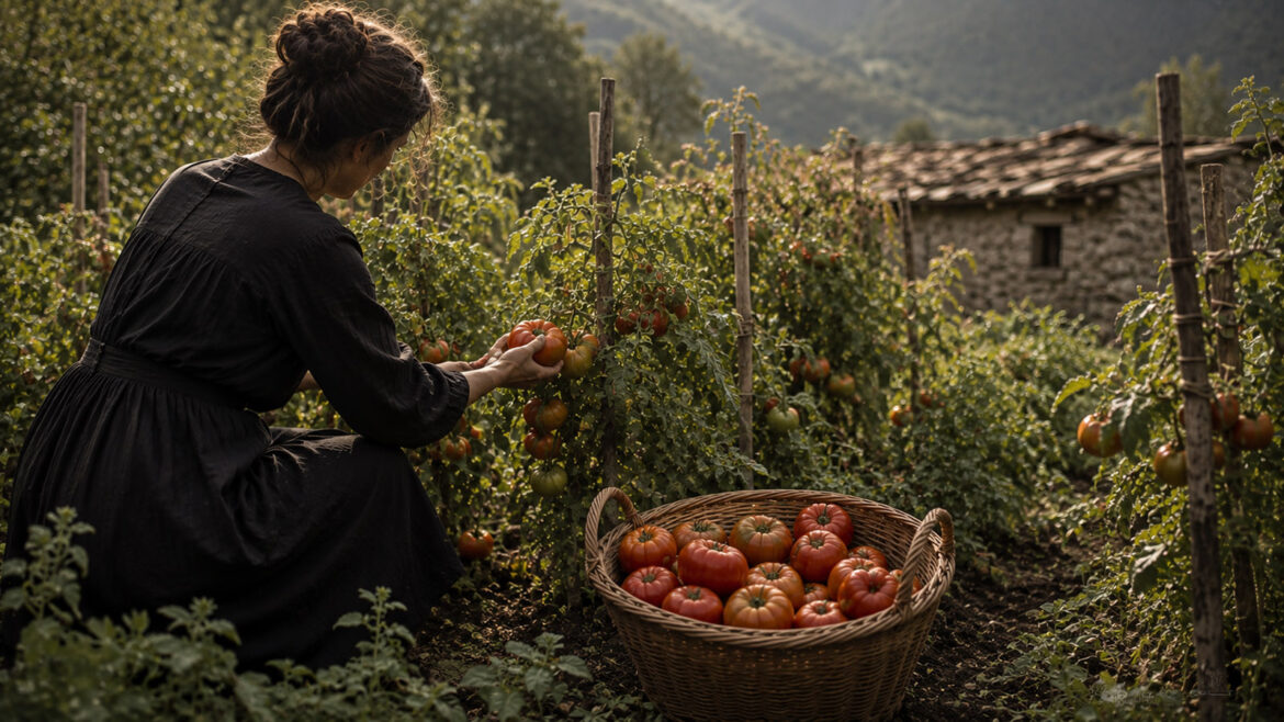 Una dona cull tomàquets a l'hort