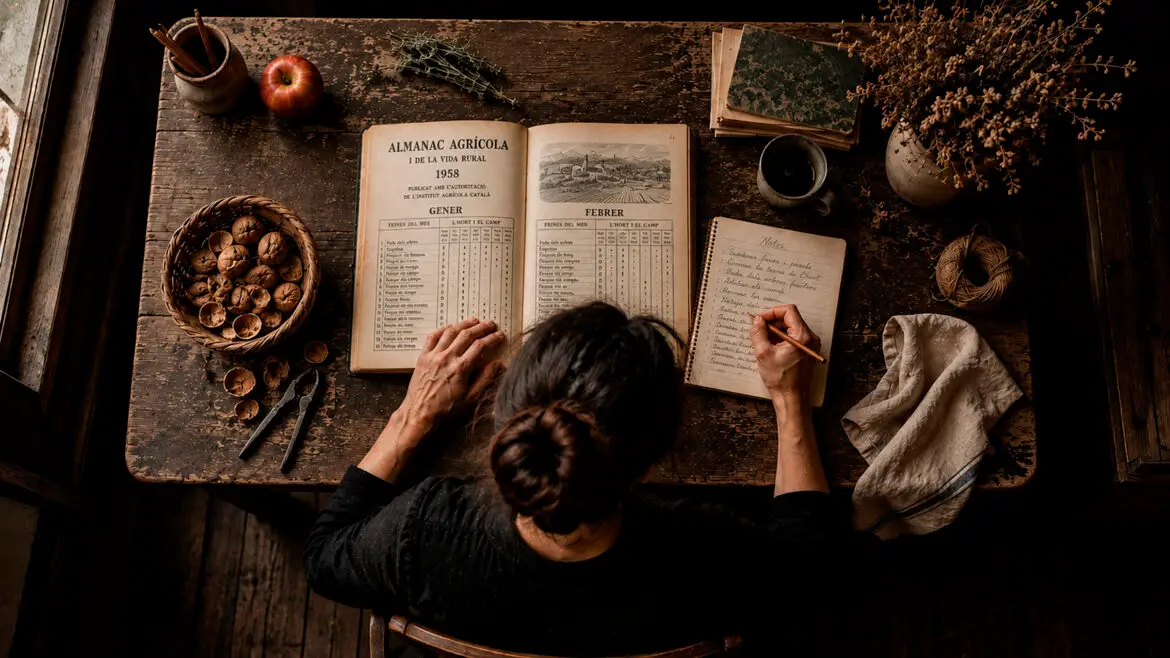 una dona consulta el calendari dels pagesos per planificar la conservació dels aliments