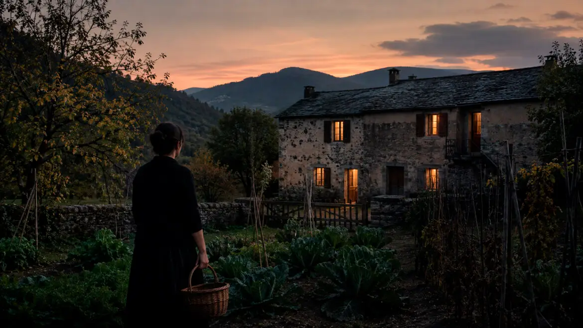 una dona a l'hort de casa seva al final del dia