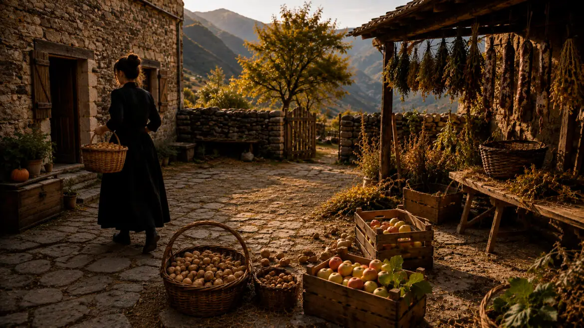 l'era d'una casa dels pirineus on es prepara la conservació dels aliments