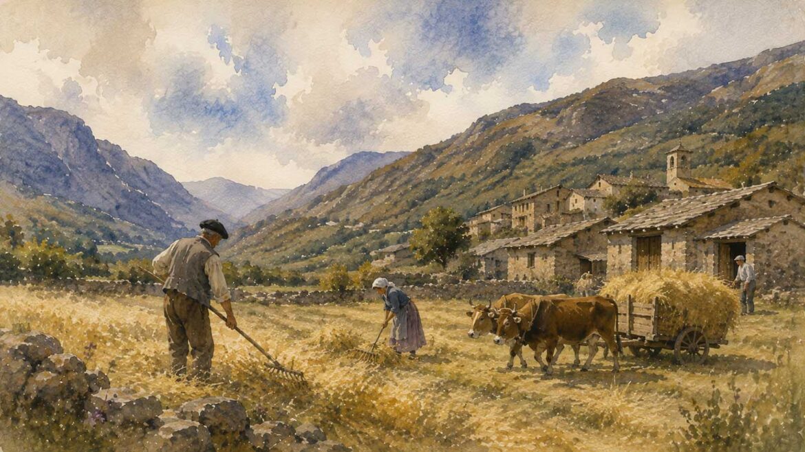 Aquarel·la de pagesos treballant durant la sega i la recollida del fenc en un prat del Pallars, amb una carreta tirada per bous, bordes de pedra i muntanyes al fons.