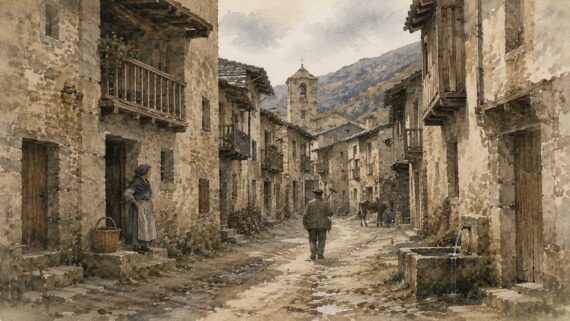 Aquarel·la d’un carrer d’un poble pallarès, amb cases de pedra i balcons de fusta, una dona davant de casa, un home caminant amb una eina i un animal al carrer.