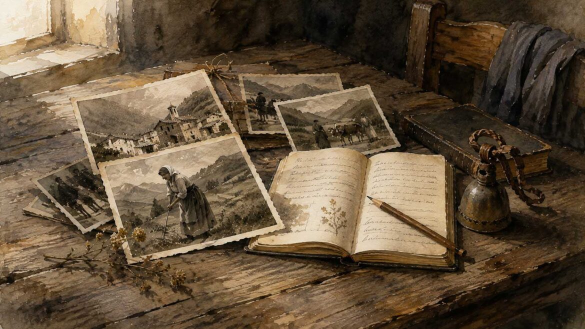 Aquarel·la d’una antiga taula de fusta amb fotografies en blanc i negre del Pallars, un quadern obert, un llapis i objectes antics il·luminats suaument per una finestra.