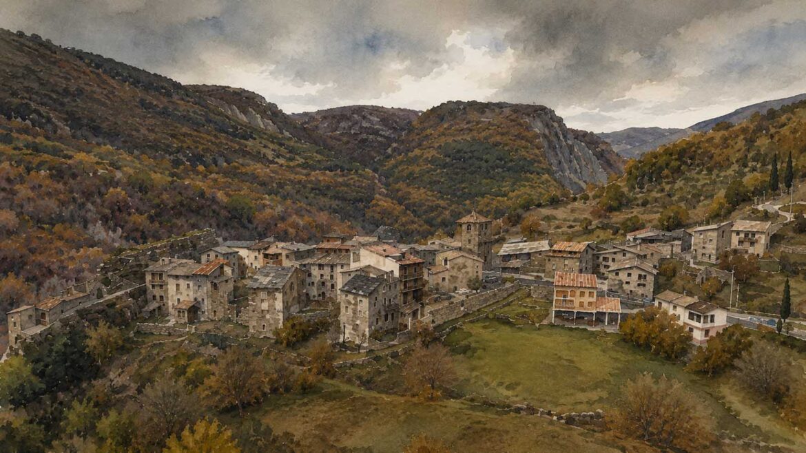 Il·lustració en aquarel·la de Sarroca de Bellera, poble natal de Ramon Violant i Simorra, envoltat pel paisatge muntanyós del Pallars.
