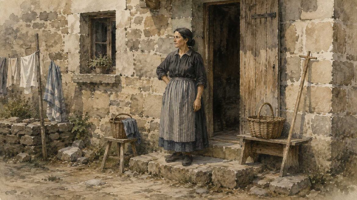 Aquarel·la d’una dona davant d’una casa tradicional de pedra del Pallars, vestida amb roba de feina i envoltada de cistells, roba estesa i objectes d’ús quotidià.