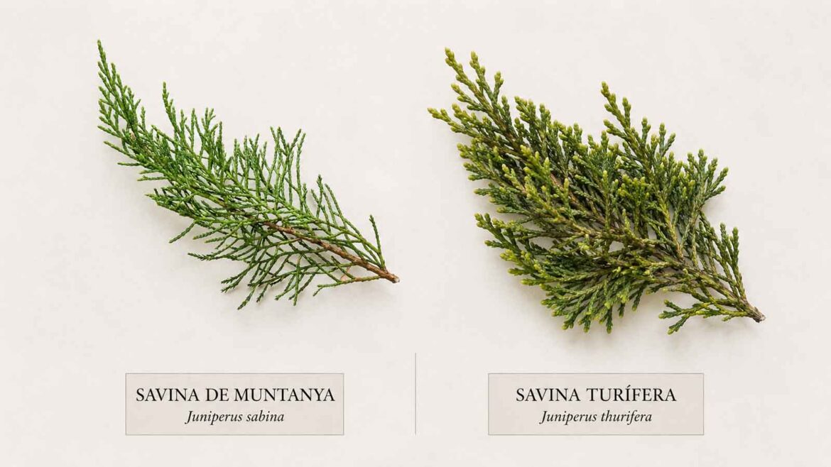 Comparació entre la savina de muntanya (Juniperus sabina) i la savina turífera (Juniperus thurifera), dues espècies de Juniperus amb fulles adultes petites i escamoses, aplicades als branquillons.
