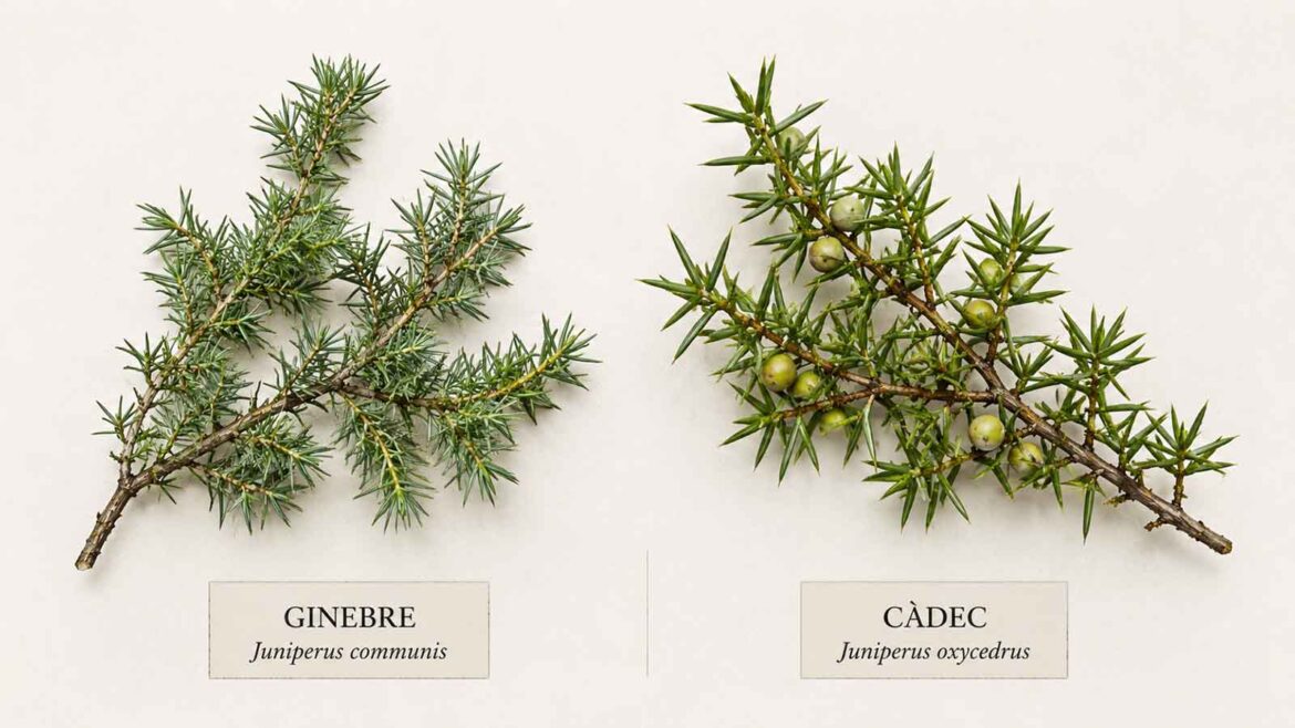 Comparació entre el ginebre (Juniperus communis) i el càdec (Juniperus oxycedrus), dues espècies del gènere Juniperus amb fulles en forma d’agulla que es poden distingir observant les bandes blanques de les fulles.