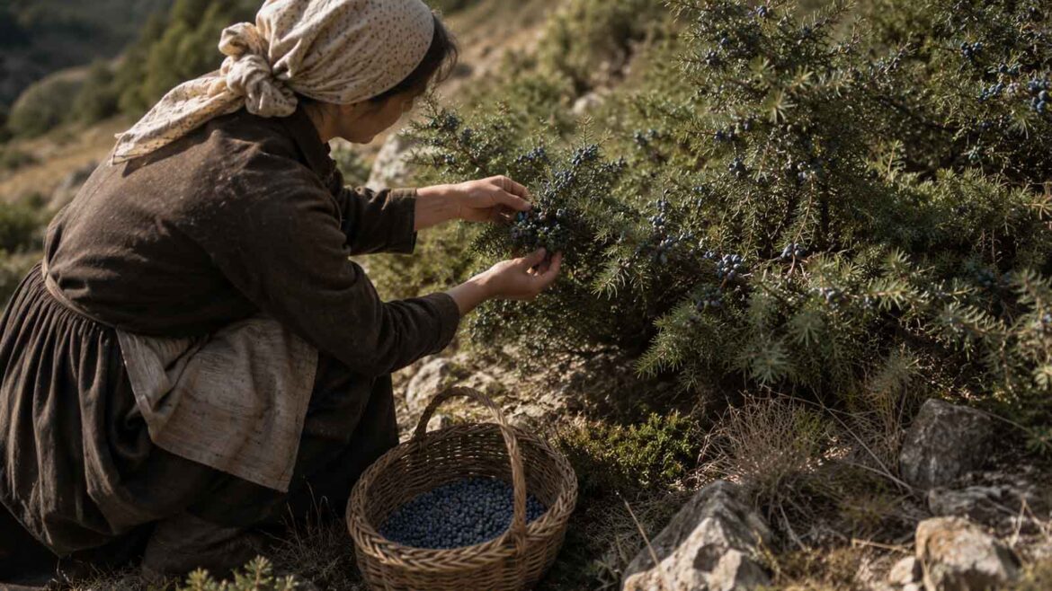 Dona collint gàlbuls madurs d’un ginebró en un vessant pedregós dels Pirineus, amb un cistell de vímet al seu costat.