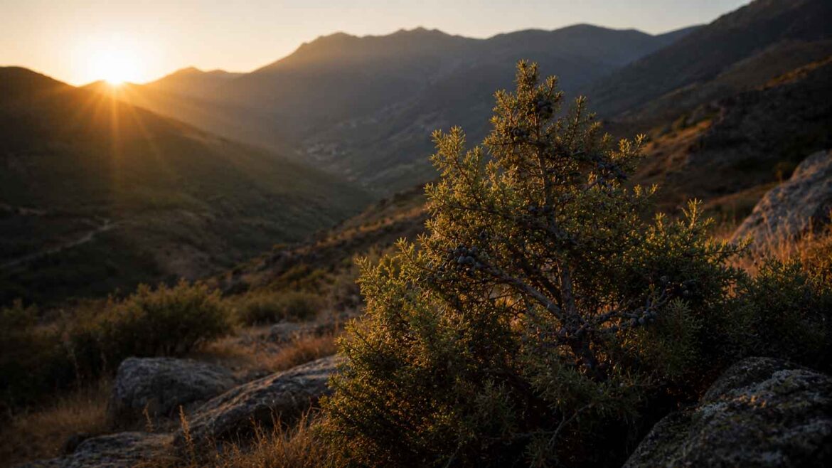 Ginebró carregat de gàlbuls en un vessant pirinenc, il·luminat pels primers raigs de sol entre les muntanyes.