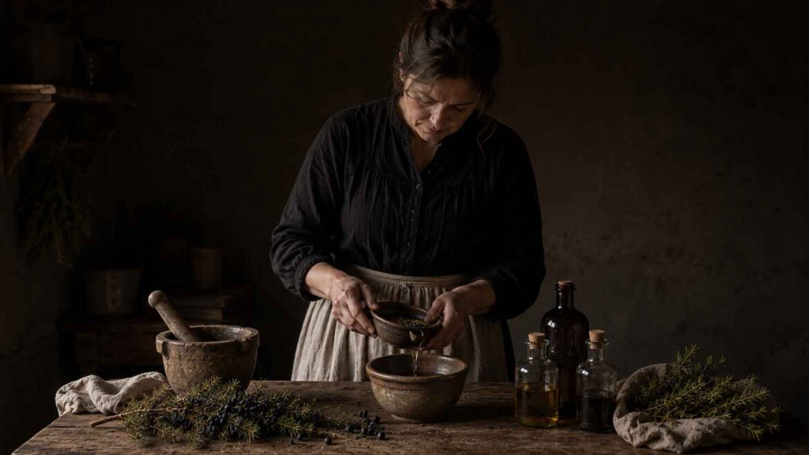 Dona preparant un remei tradicional amb gàlbuls i branques de ginebró sobre una taula de fusta, en una cuina pirinenca fosca i austera.