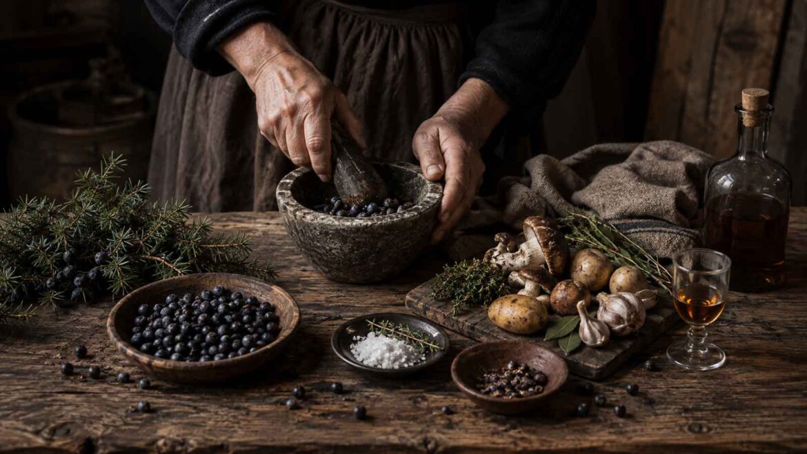Mans aixafant gàlbuls de ginebró en un morter sobre una taula de fusta, envoltada de bolets, patates, herbes, sal i una beguda aromàtica.