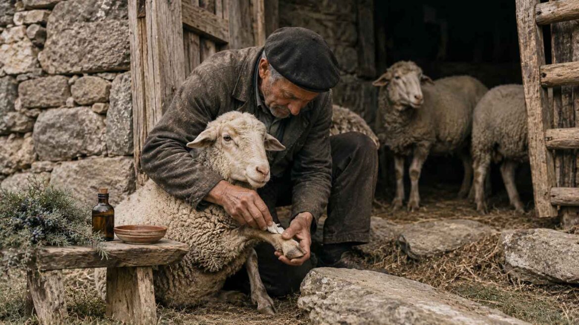 Pastor atenent una ovella davant d’una borda de pedra, amb un recipient d’oli i branques de ginebró al costat.