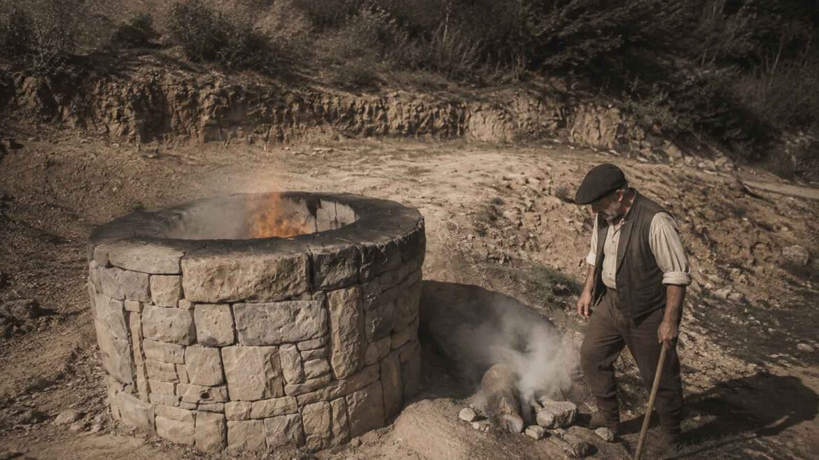 Home vestit amb roba tradicional al costat d’un forn d’oli de ginebre de pedra en funcionament, amb foc i fum en un entorn rural.