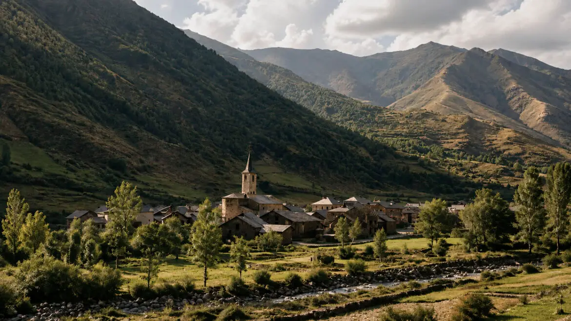 Poble d’Àreu, a la Vall Ferrera, envoltat de prats i vessants de muntanya als Pirineus catalans.